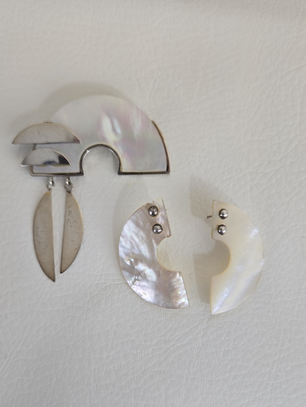 Mother of Pearl Crescent Statement Earrings - Iridescent White With Matching Pin